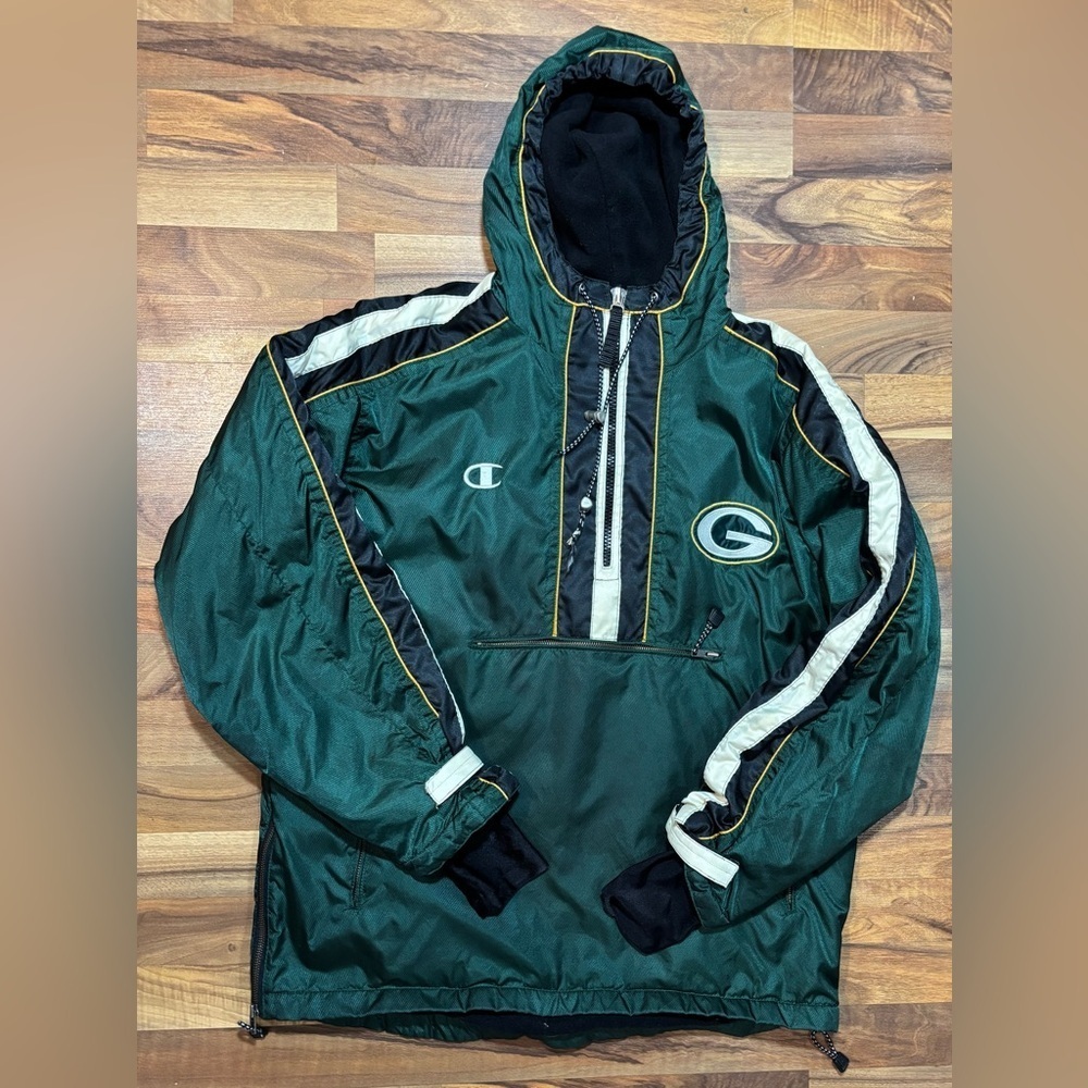 Champion Pro Line Green Bay Packers Pull Over 1/4 Zip NFL Pocket Hooded Size L